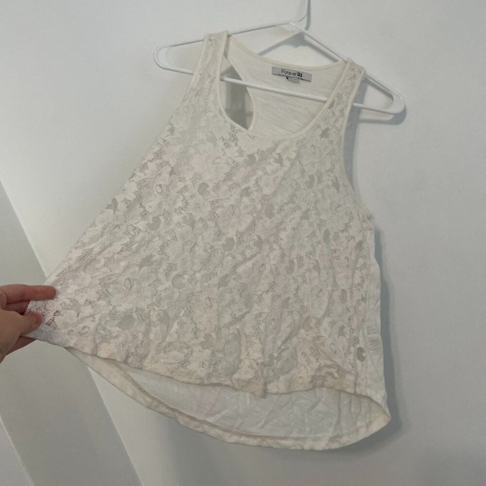 FOREVER 21 White Floral Lace Front / Solid Back Mixed Media Twee Racerback Tank - Picture 10 of 15